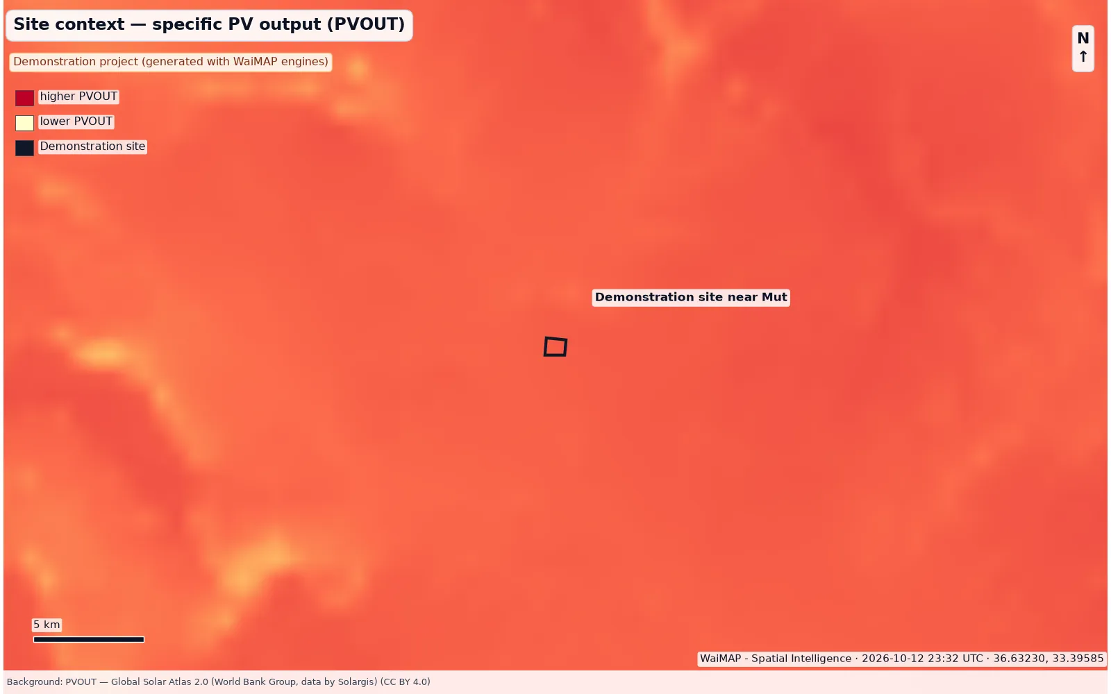 Map of solar PV output around Mut with the demonstration site