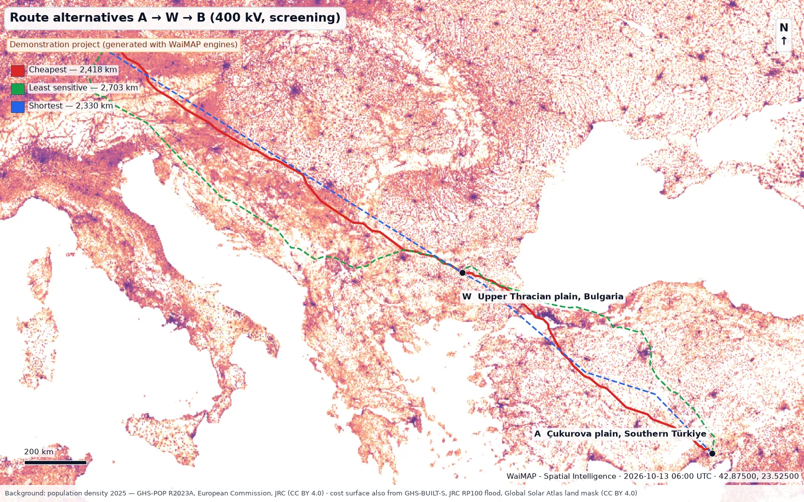 WaiMAP output: three route alternatives of a 400 kV transmission corridor from the Whitewell NPP area via Bulgaria to Bavaria on a population-density map, with the WaiMAP stamp and the data attribution