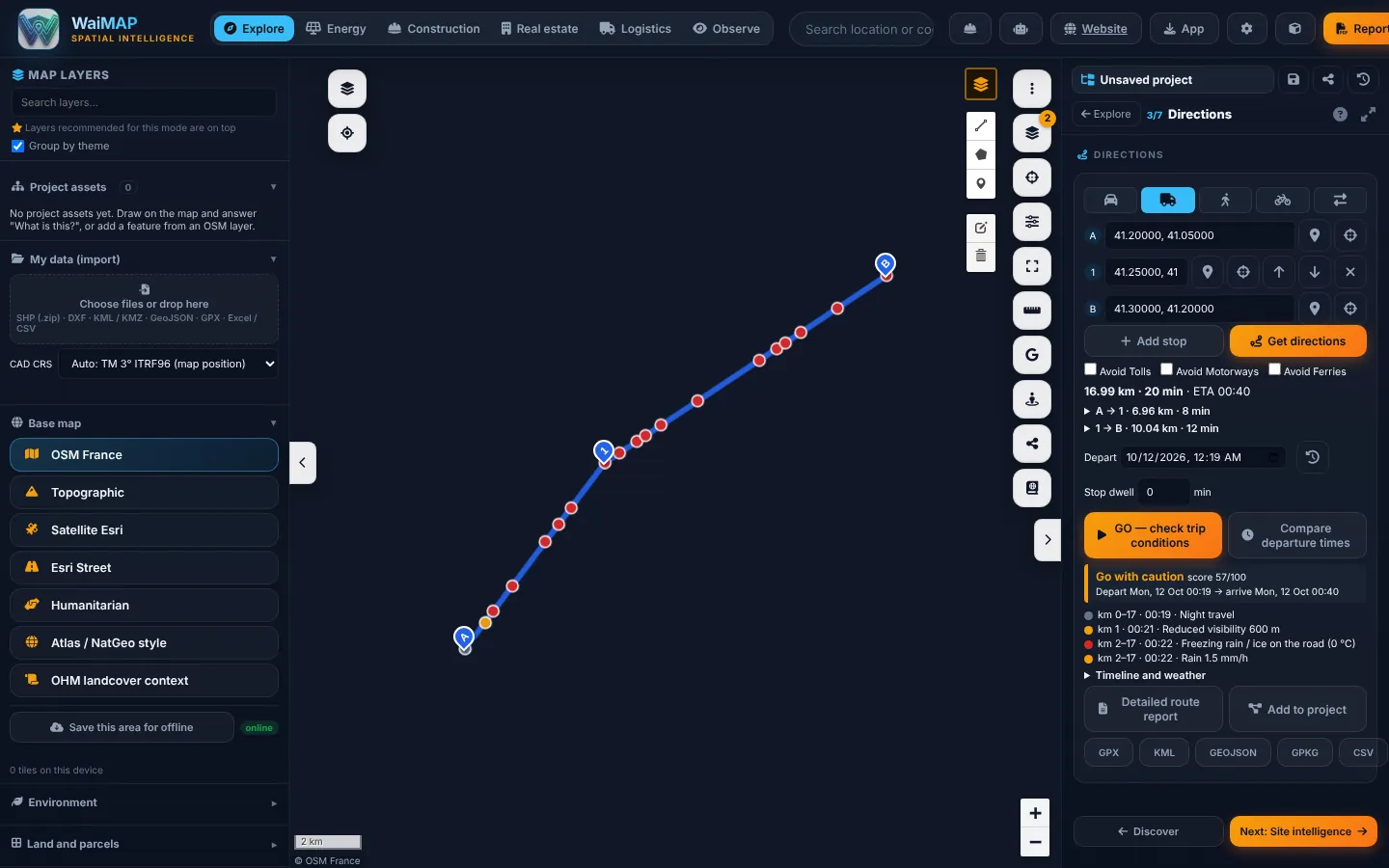 Truck directions in WaiMAP with three stops, distance and time per leg, and trip conditions with weather warnings along the route