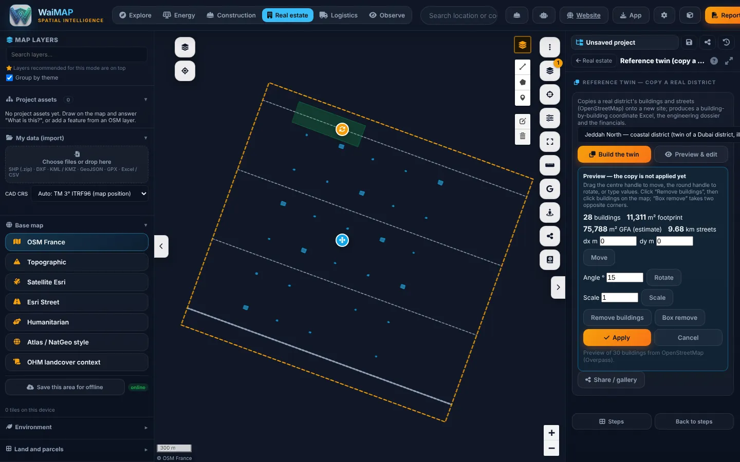Reference twin preview in WaiMAP: a copied district as an editable layer with move and rotate handles and live metrics — buildings, footprint, GFA and street length